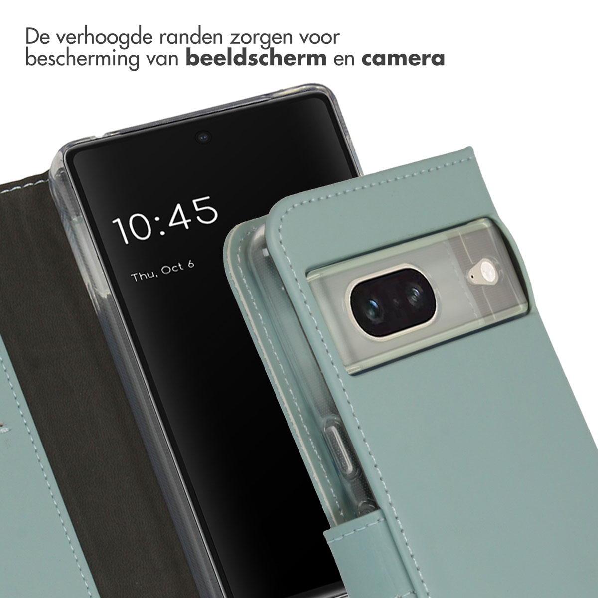 Coque de téléphone bleue avec un téléphone. L'étui est ouvert. Le téléphone affiche l'heure. Le texte indique des bords surélevés protègent l'écran et l'appareil photo.