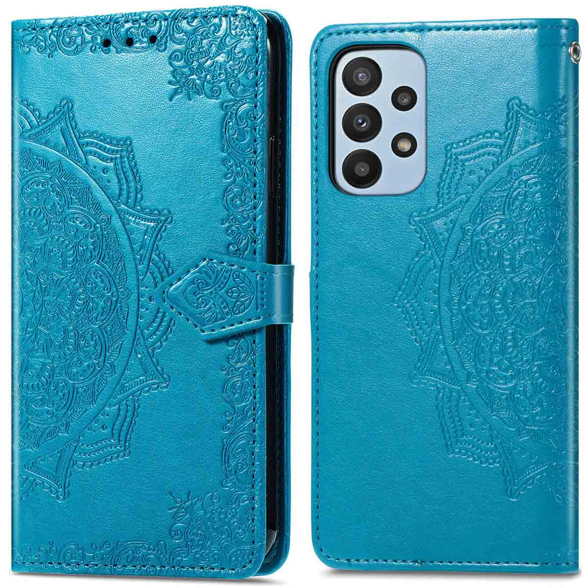 Blauwe telefoonhoes met mandala-ontwerp. Het opent om de telefoon en extra sleuven te onthullen.
