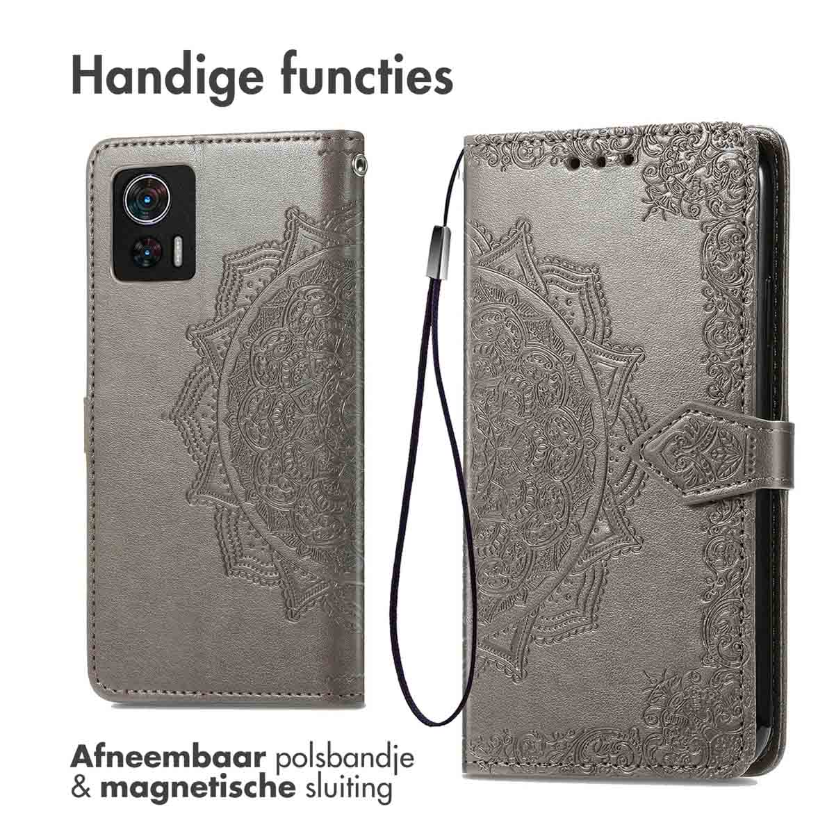 Grijze telefoonhoes met een bloemmotief, met een afneembare polsband.
