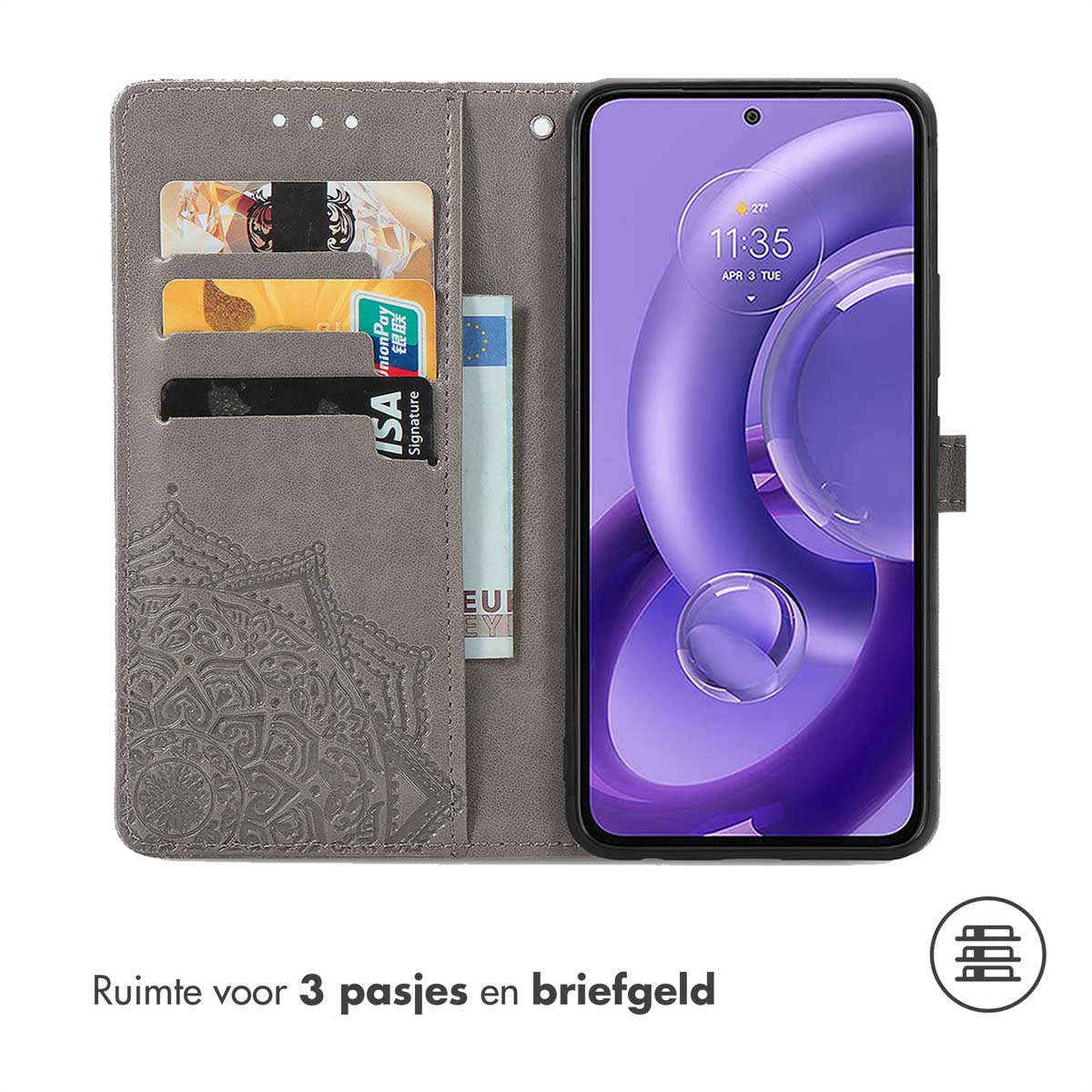 Grijze telefoonhoes met telefoon erin. De case heeft ruimte voor kaarten en geld. De telefoon ligt erop.