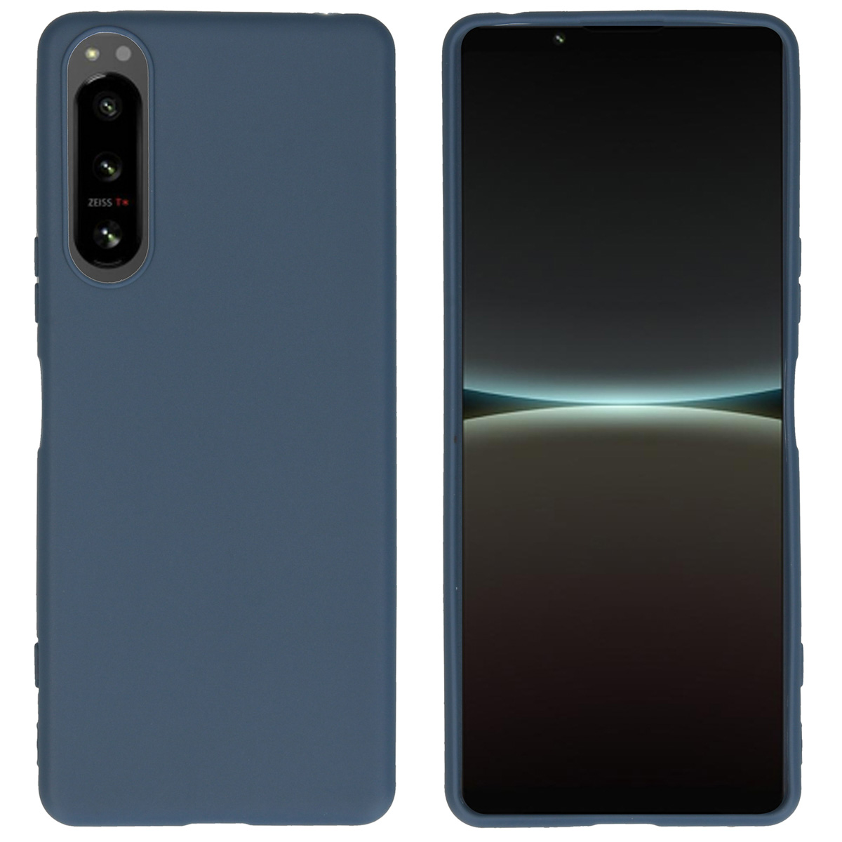 Deux vues d'une coque de téléphone bleue. Un côté est l'arrière, l'autre l'avant.
