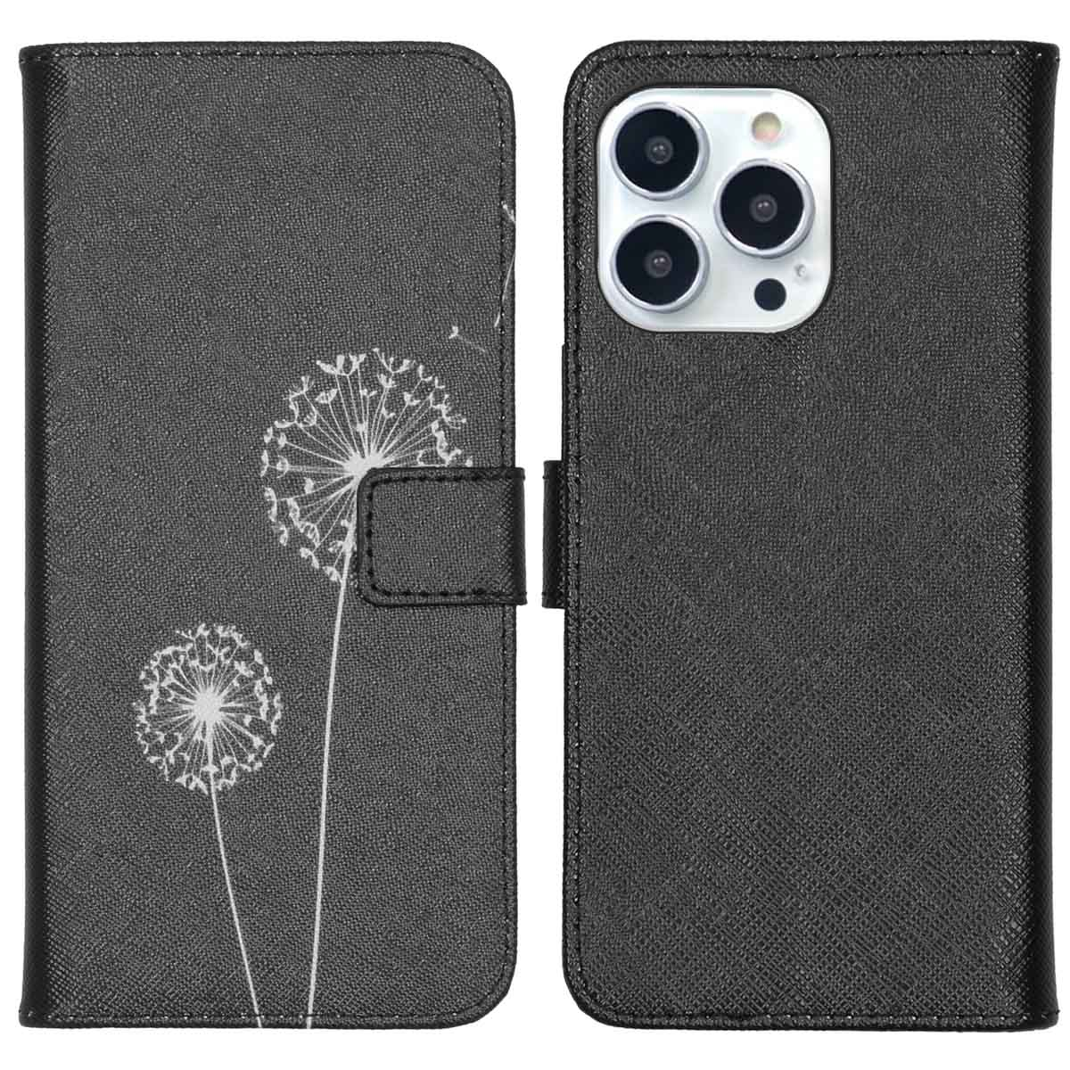Un étui de téléphone noir ouvert. Un téléphone avec un écran noir affiche un motif de pissenlit.