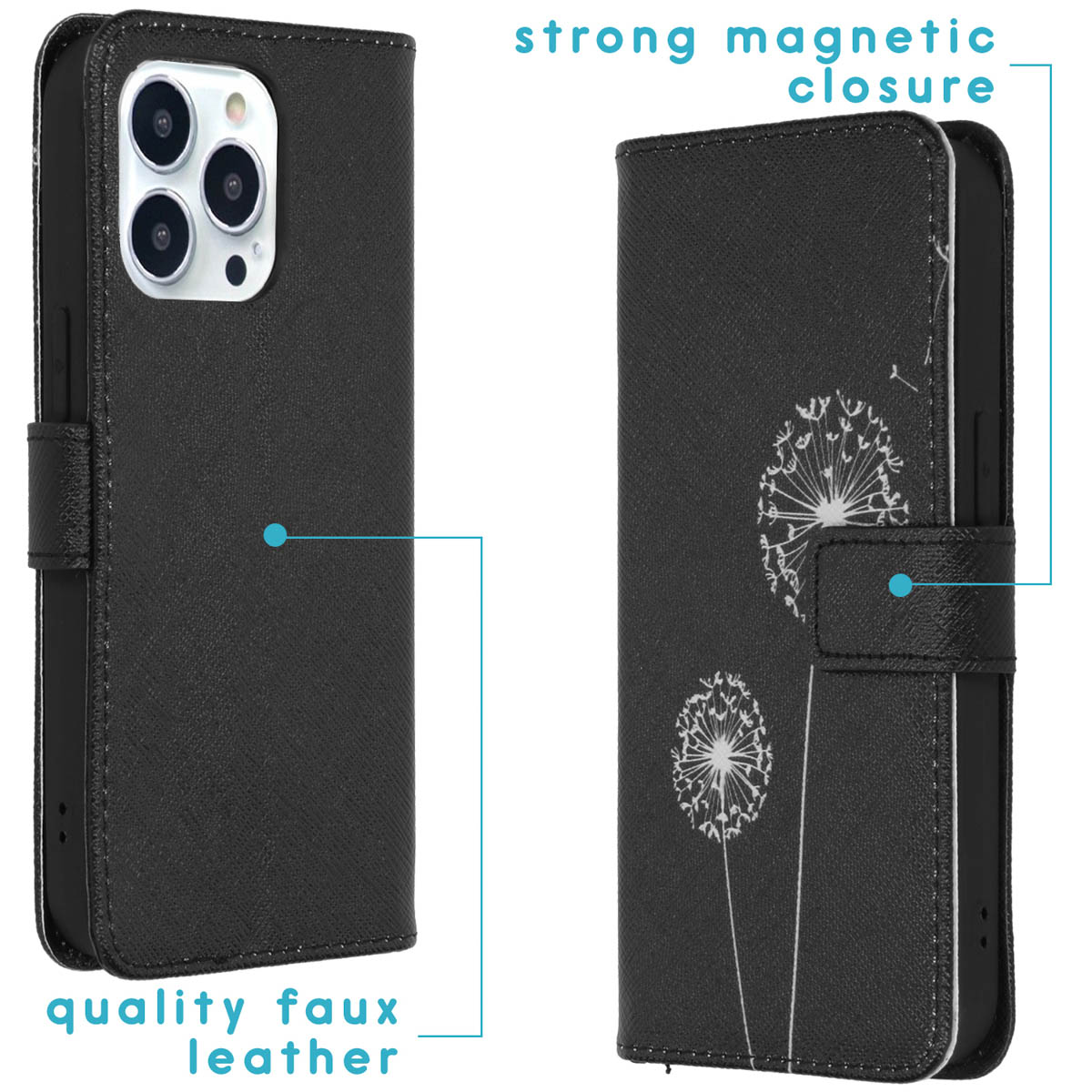 Coque de téléphone noire avec motif pissenlit et fermeture magnétique forte.