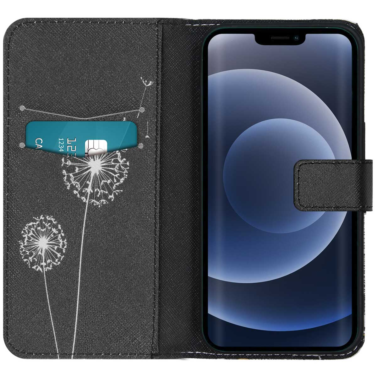 Coque de téléphone noire avec motif de pissenlit blanc. Emplacement pour carte.