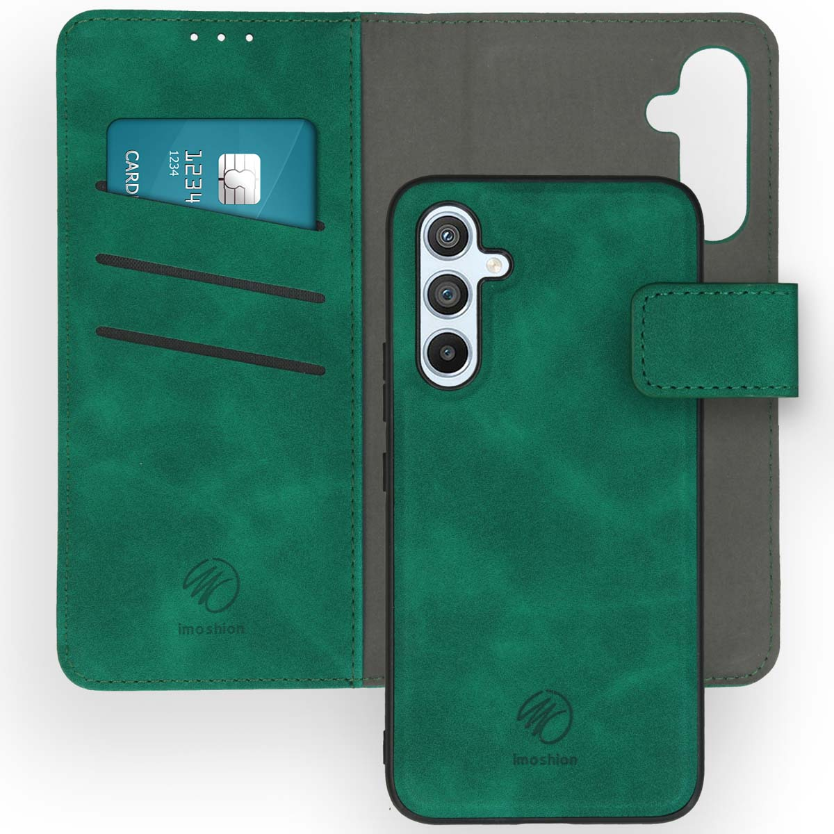 Groene telefoonhoes, open, met telefoon en kaart. Hoes heeft een portemonnee-ontwerp.