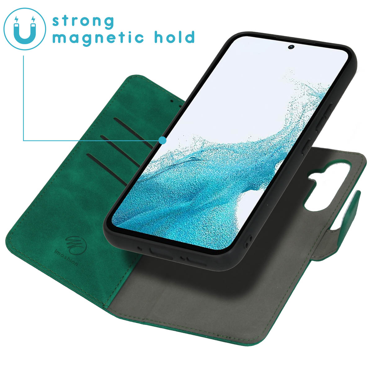 Een groene telefoonhoes met een telefoon erin, en een open weergave met kaartsleuven.