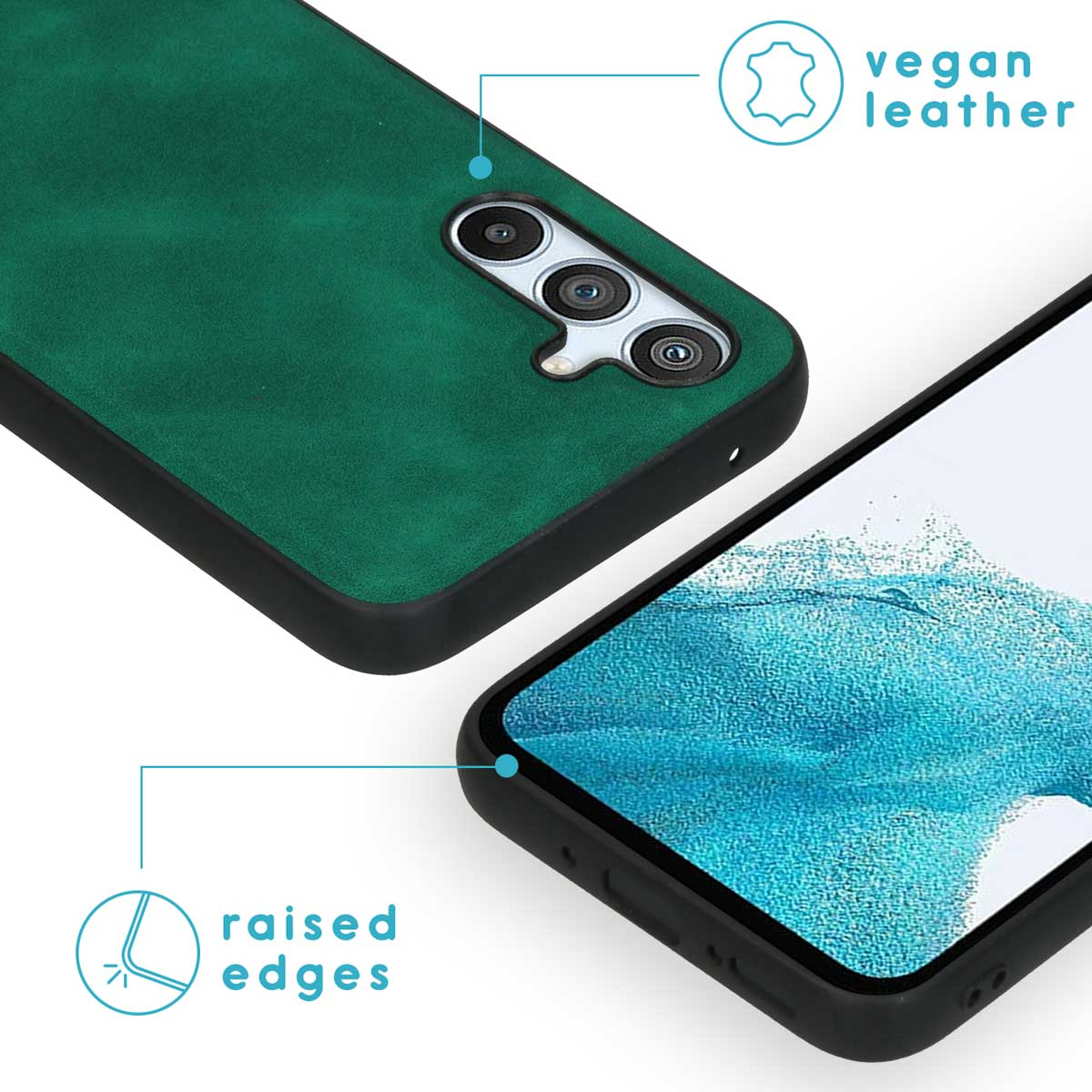 Groene telefoonhoes met verhoogde randen en een telefoon erin. Veganistisch leer is aangegeven.