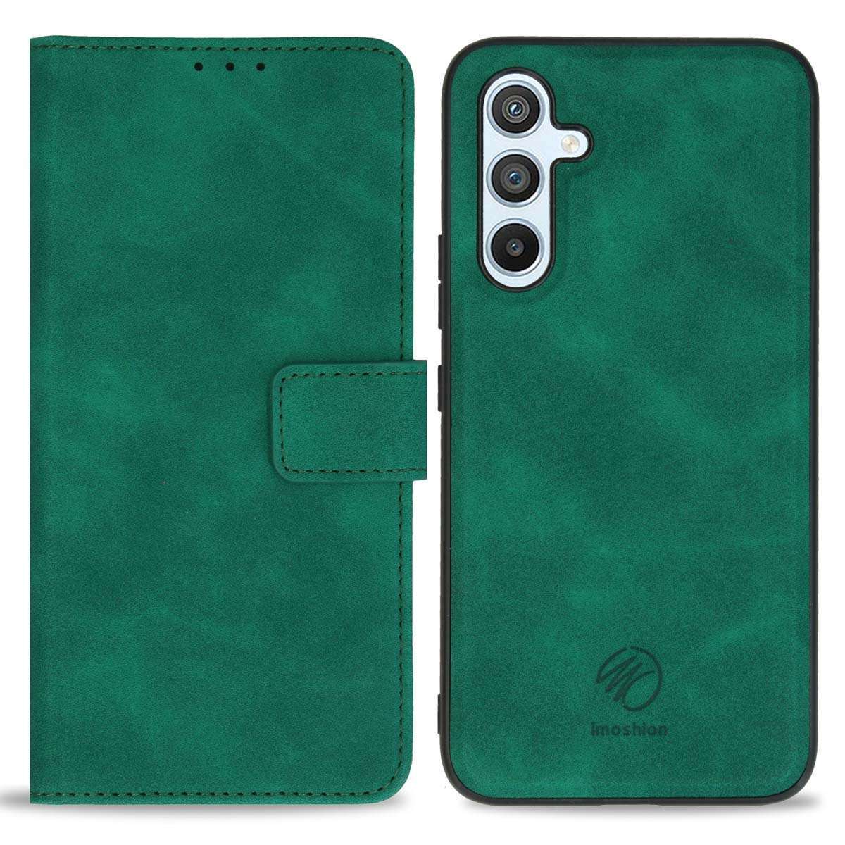 Groen telefoonhoesje met een flipcover. Telefoon rechts, hoes links.
