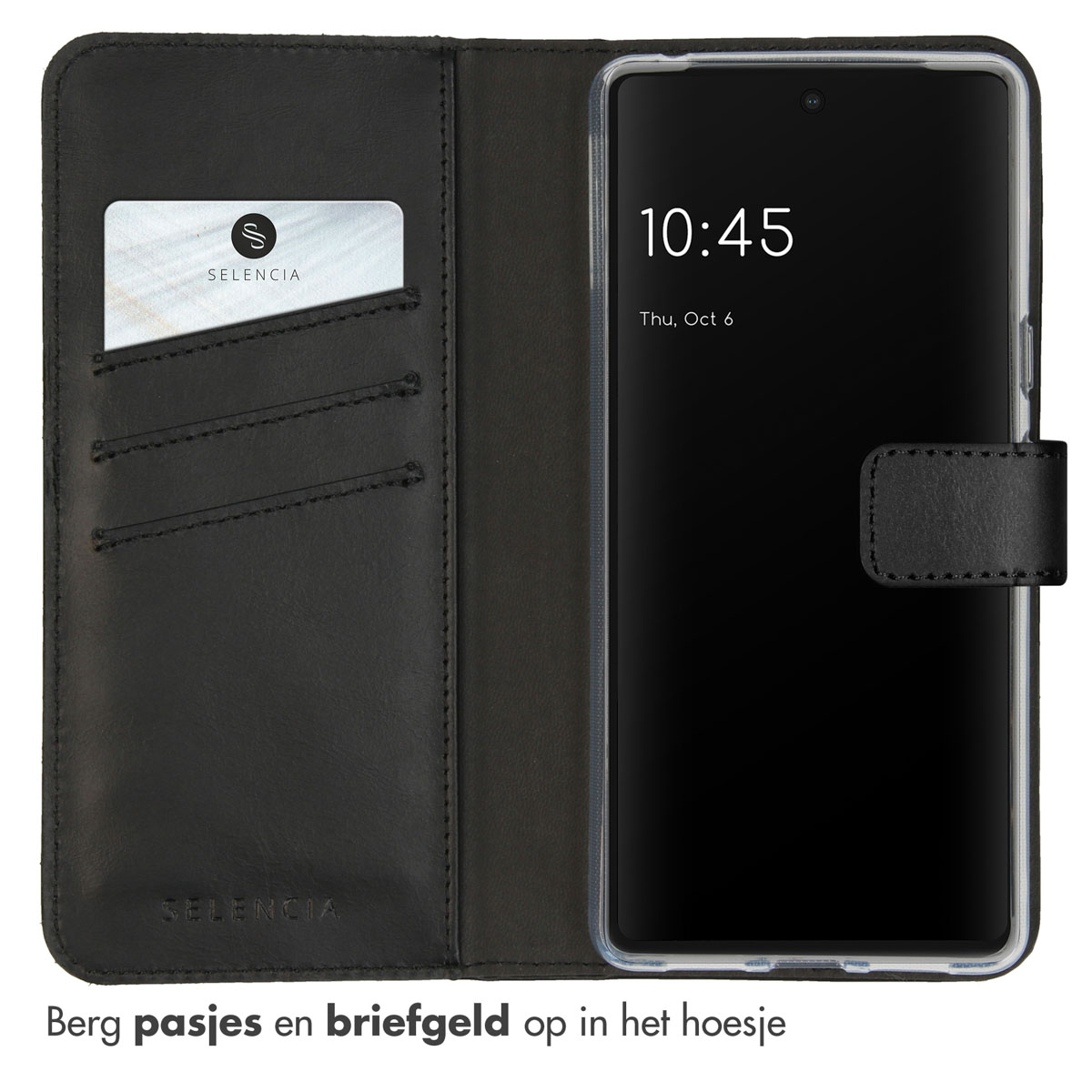 Zwarte telefoonhoes met kaartsleuven. Telefoon met scherm waarop de tijd wordt weergegeven.