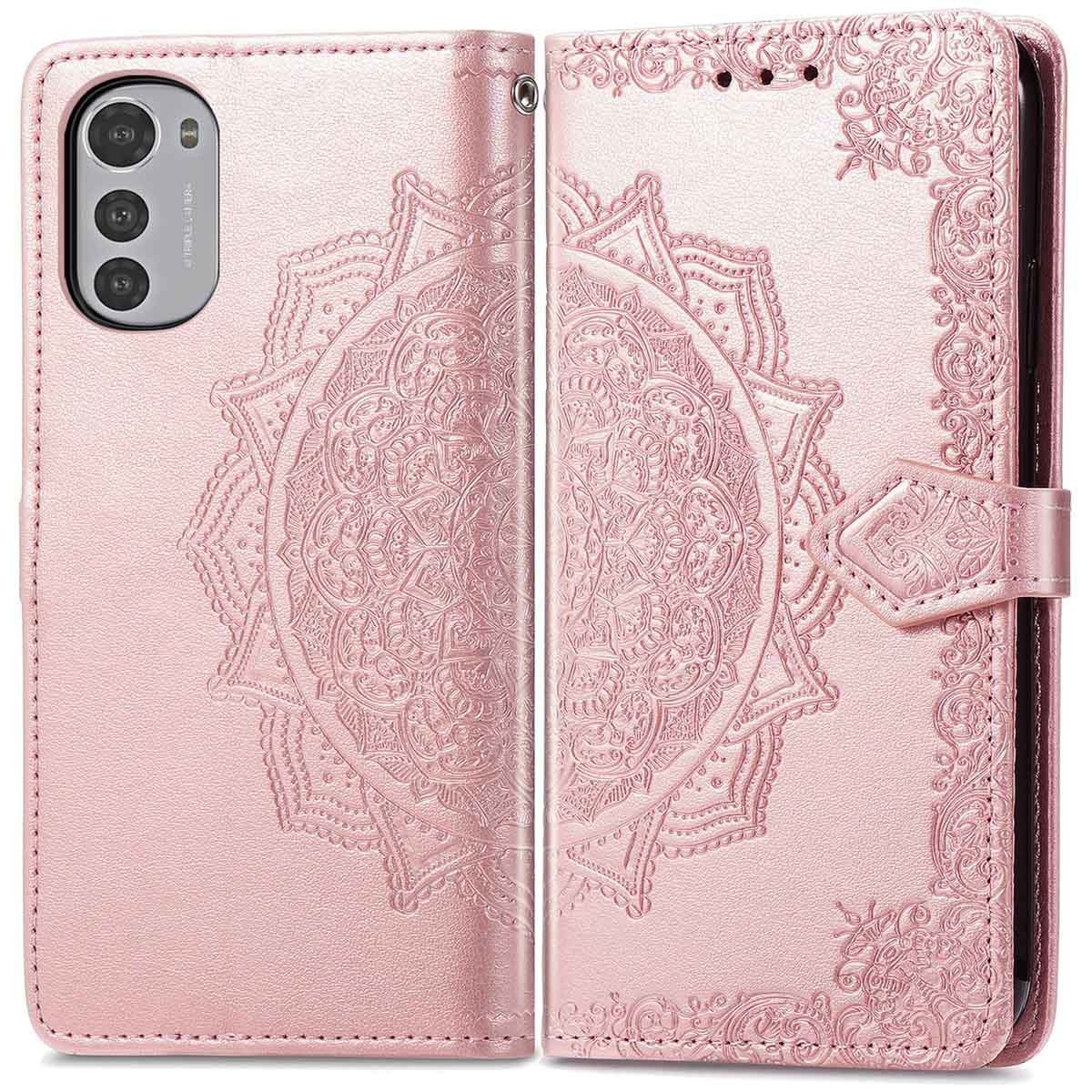 Roze telefoonhoes, open, met telefoon. Hoes heeft een bloemenontwerp en een gesp.