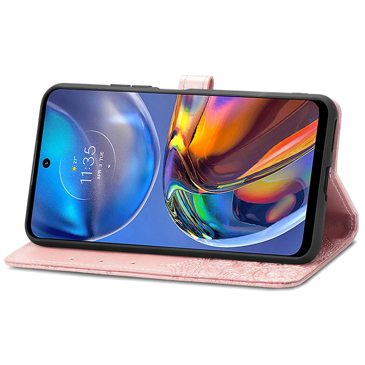 Roze telefoonhoes met een telefoon erin, die het scherm toont.