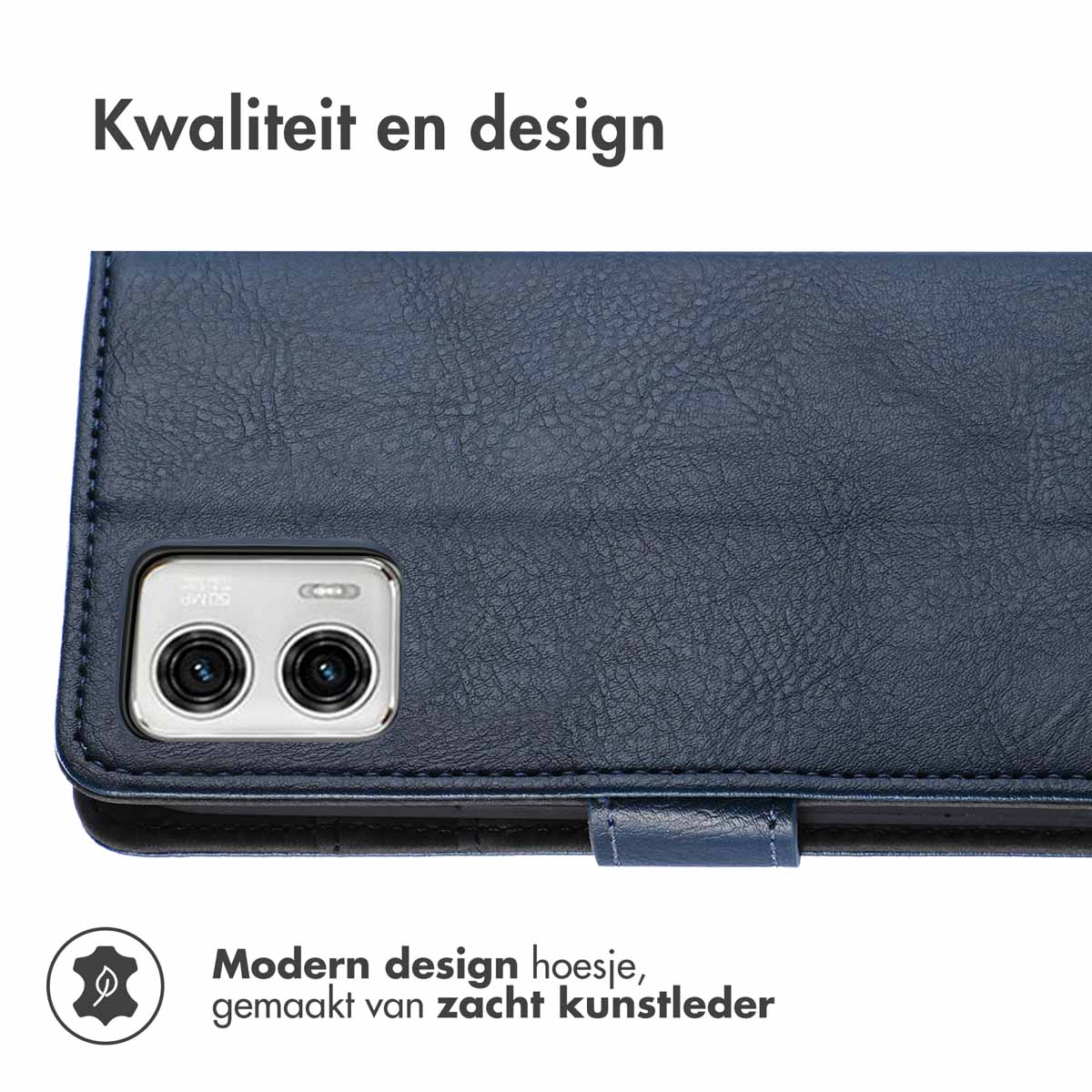 Coque en cuir bleu avec téléphone, montrant la caméra. Design moderne.