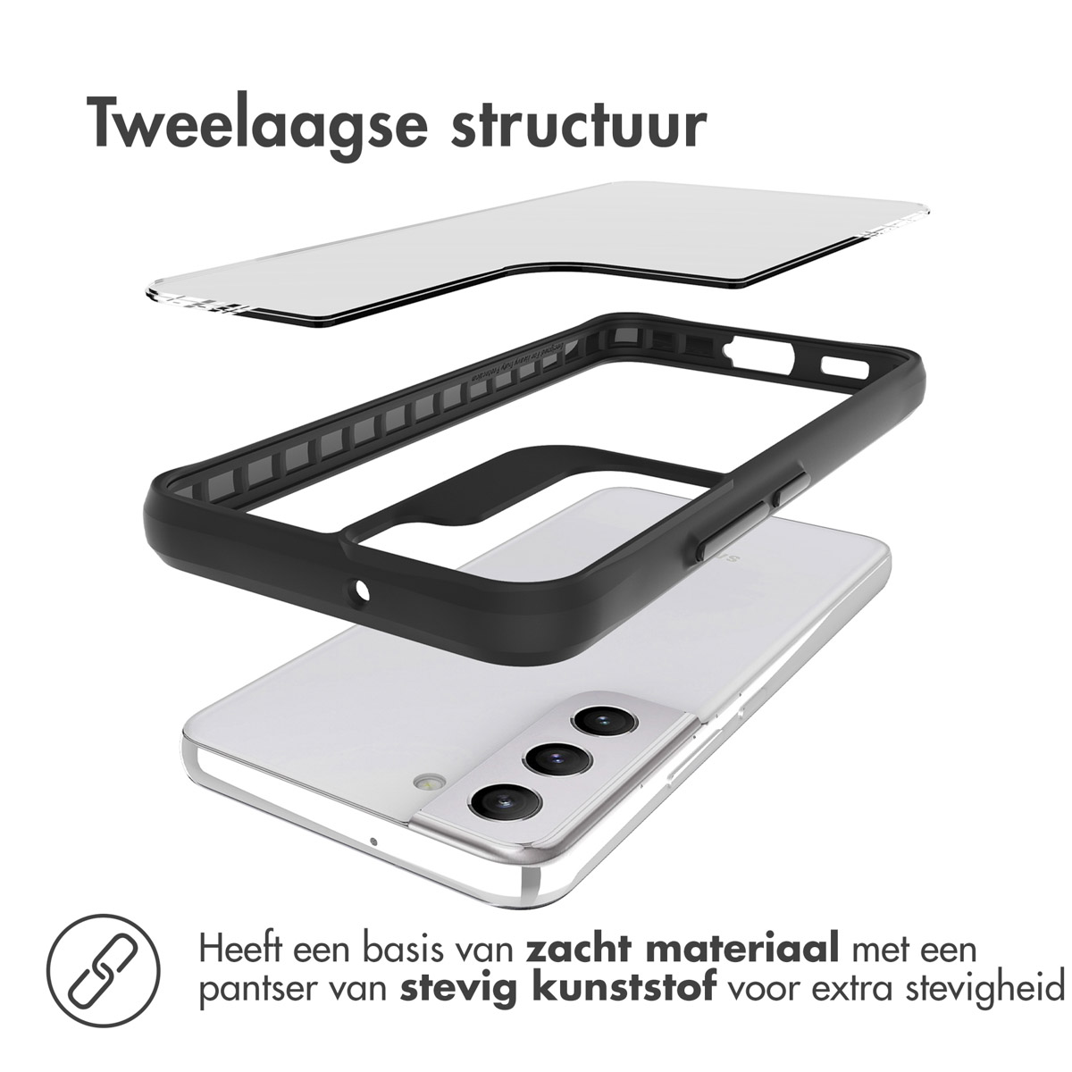 Telefoonhoes gedemonteerd, met telefoon en hoes. De hoes heeft een zwart frame.