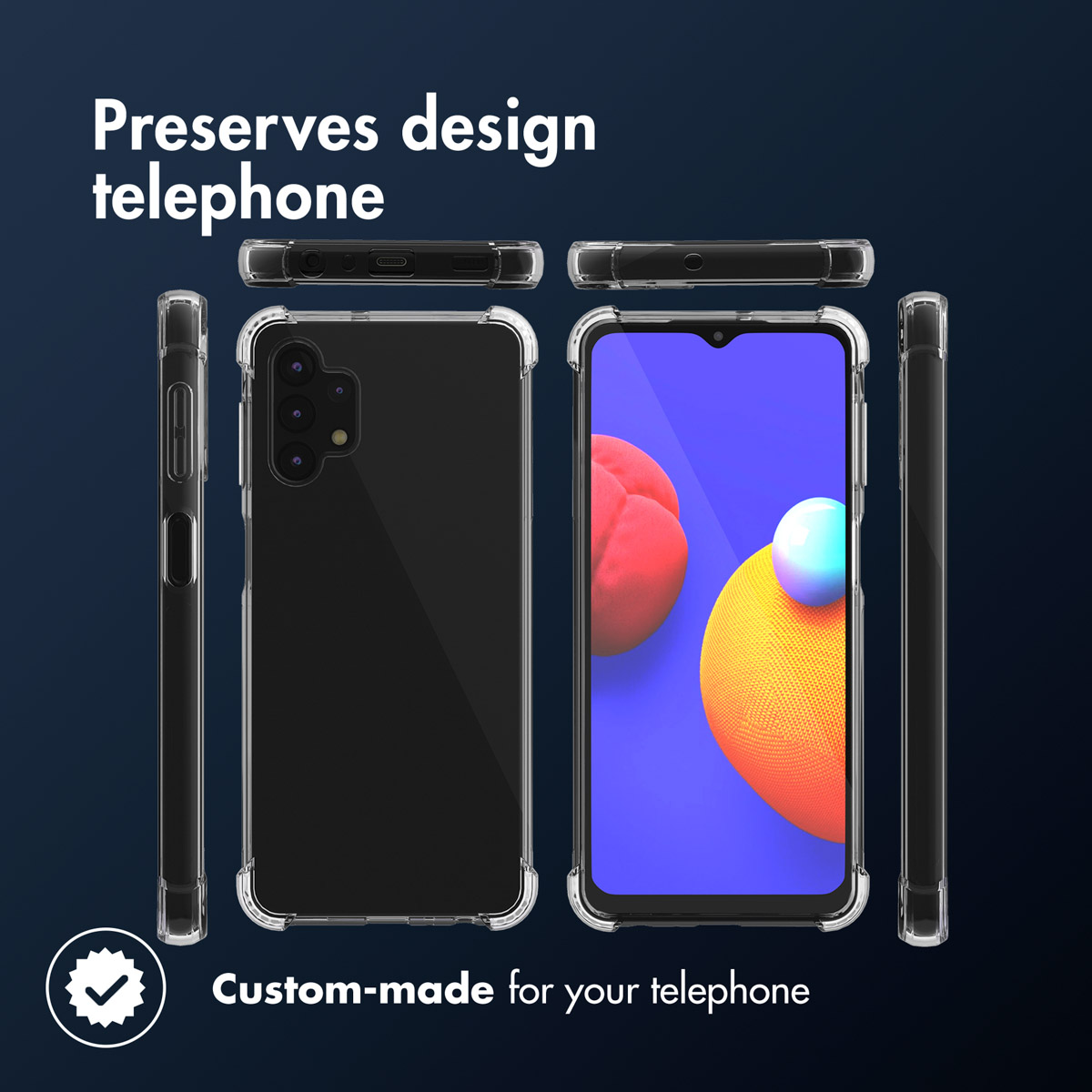 Telefono in una custodia trasparente, che mostra diverse angolazioni, preservando il design.