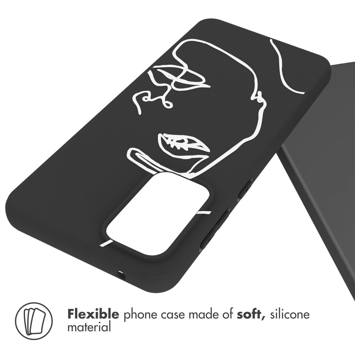 Coque de téléphone noire avec un design de visage en ligne blanche. Fond blanc.