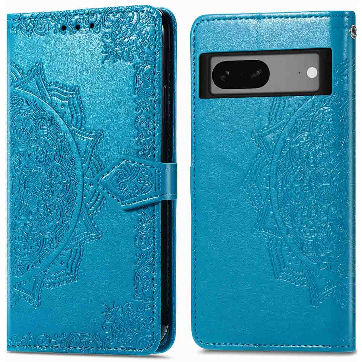 Blauwe telefoonhoes. Twee delen, telefoon rechts, design links.
