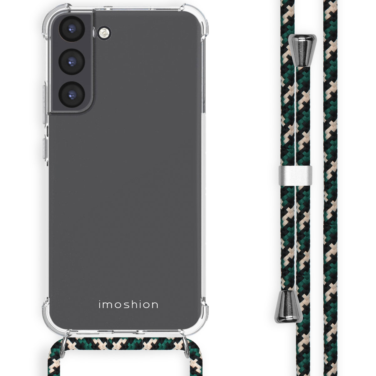 Transparante telefoonhoes met groen/zwarte band. De telefoon zit in de hoes, de band is patroon.