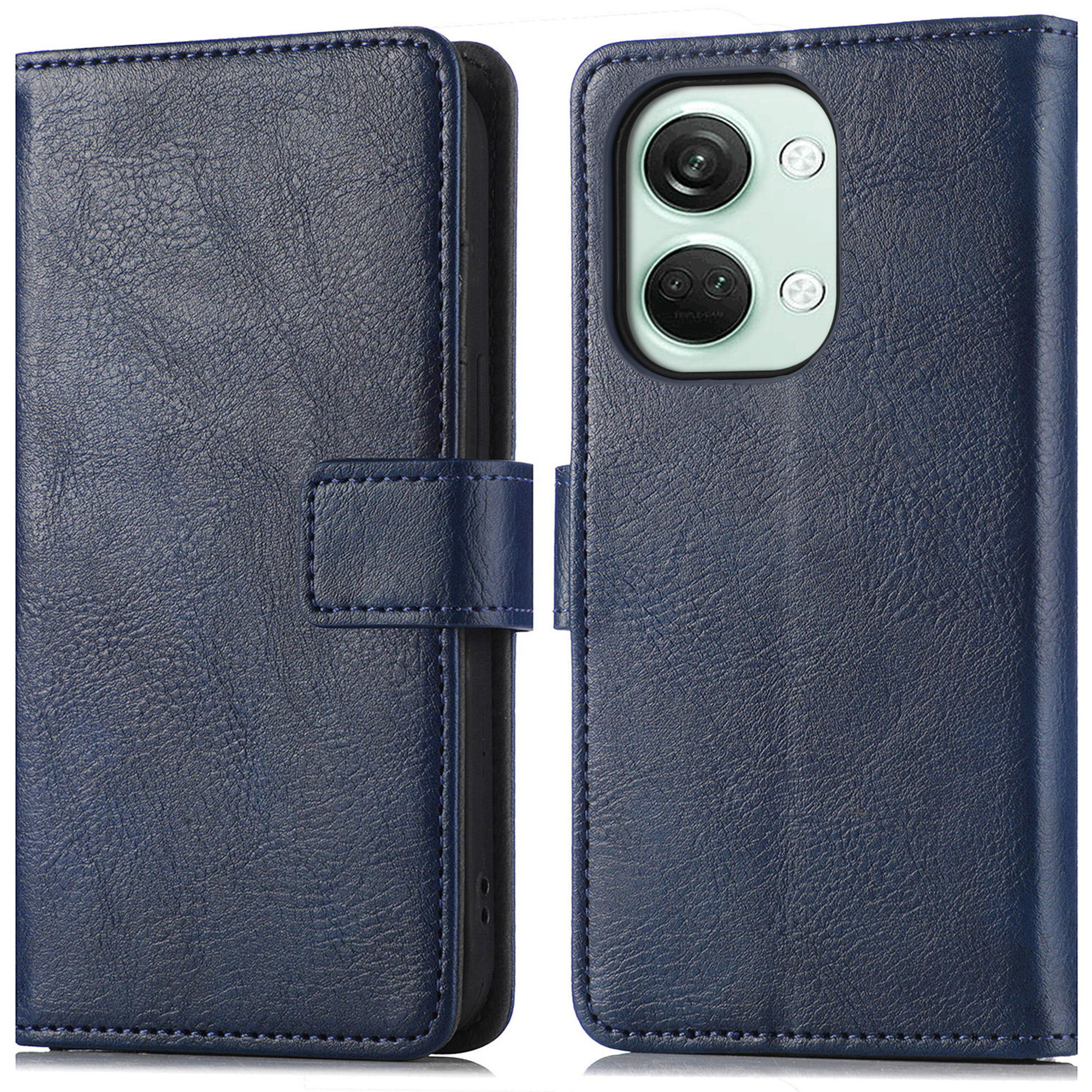 Coque de téléphone bleu foncé avec téléphone, en position fermée et ouverte.