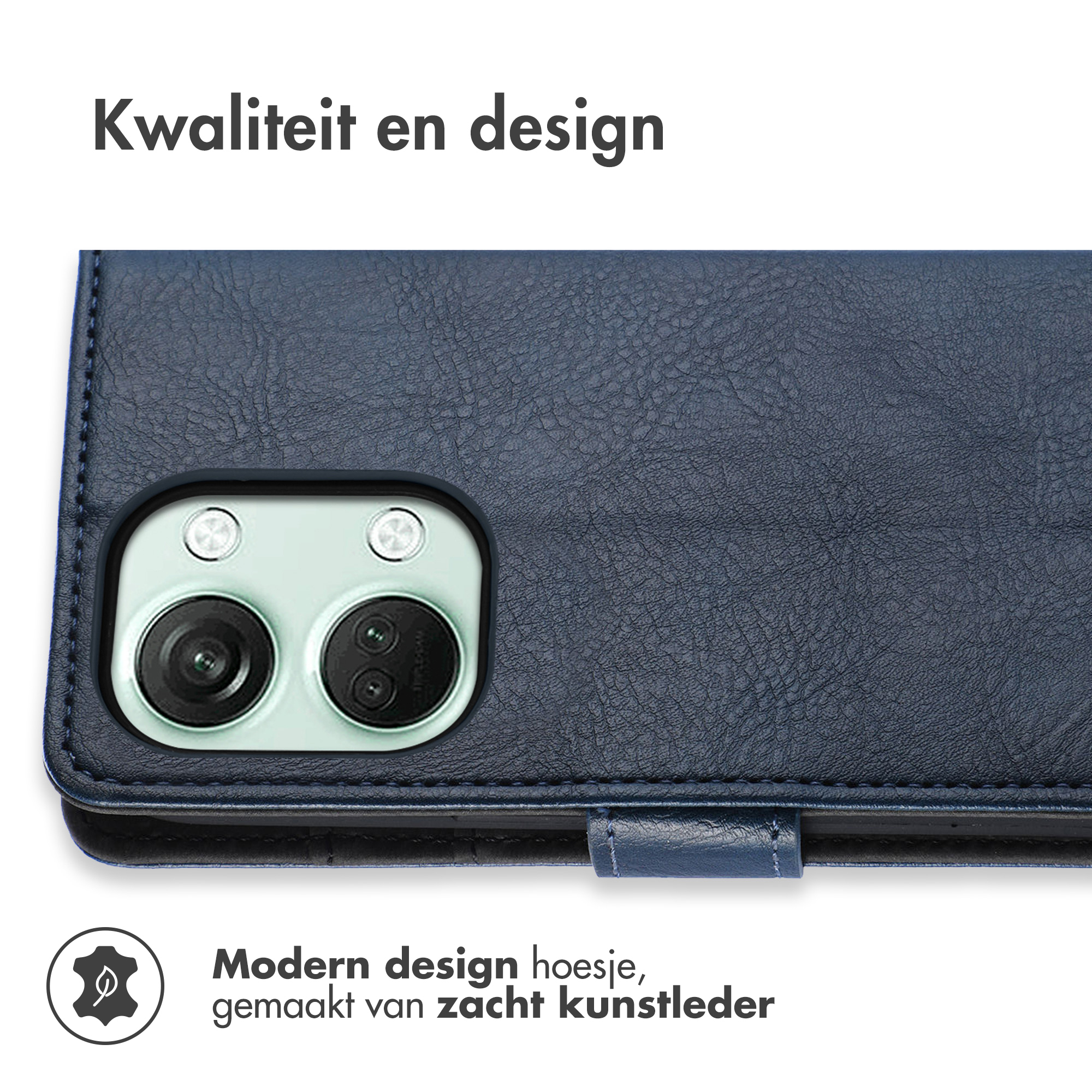 Un gros plan d'un étui de téléphone bleu ouvert. Il y a un téléphone à l'intérieur.
