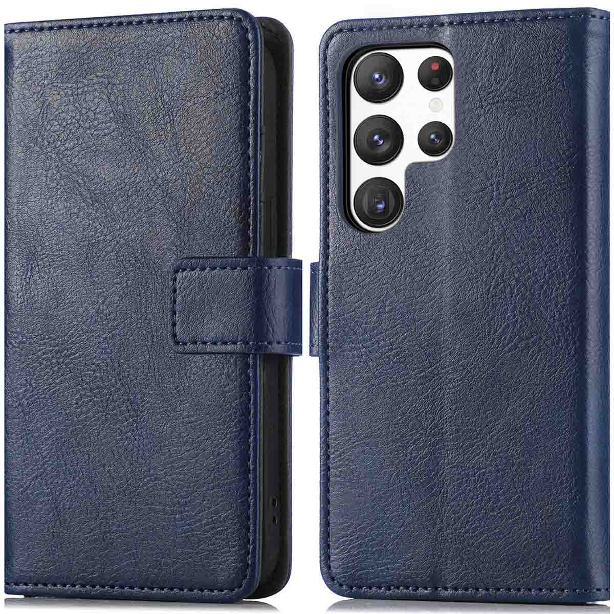 Étui de téléphone bleu foncé, ouvert, avec caméra visible.