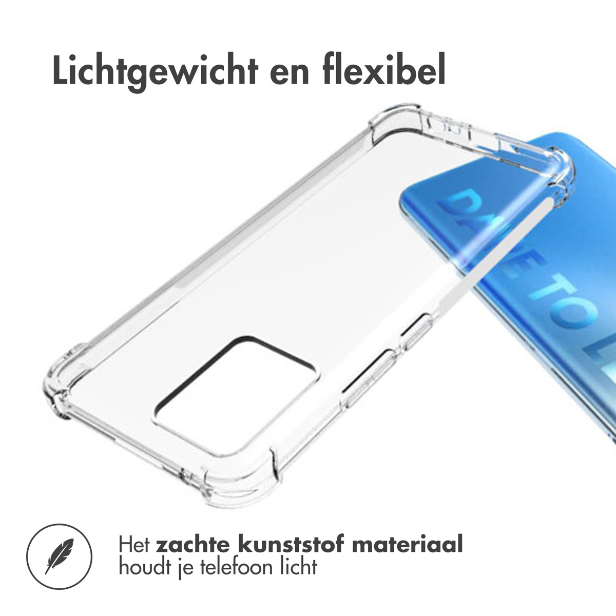 Custodia trasparente su un telefono, con testo che evidenzia il design leggero e flessibile.