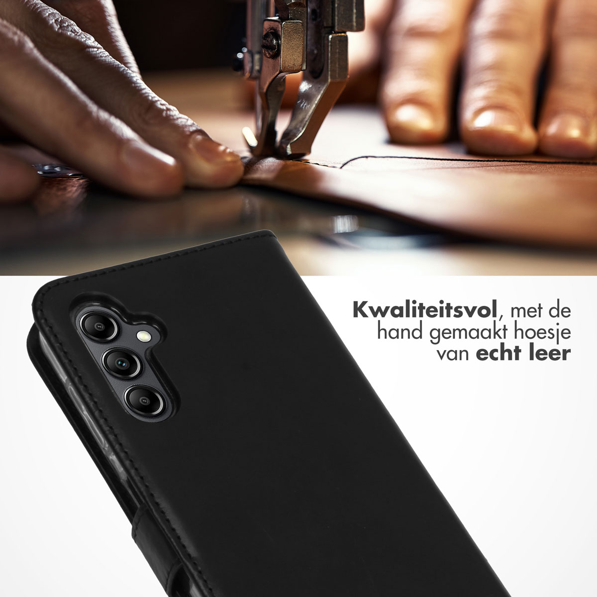 Een hand die zwart leer naait. Een zwart telefoonhoesje op de voorgrond.