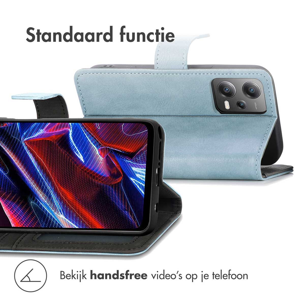 Coque de téléphone bleue avec rabat. L'écran du téléphone affiche des graphiques, montrant une vue mains libres.