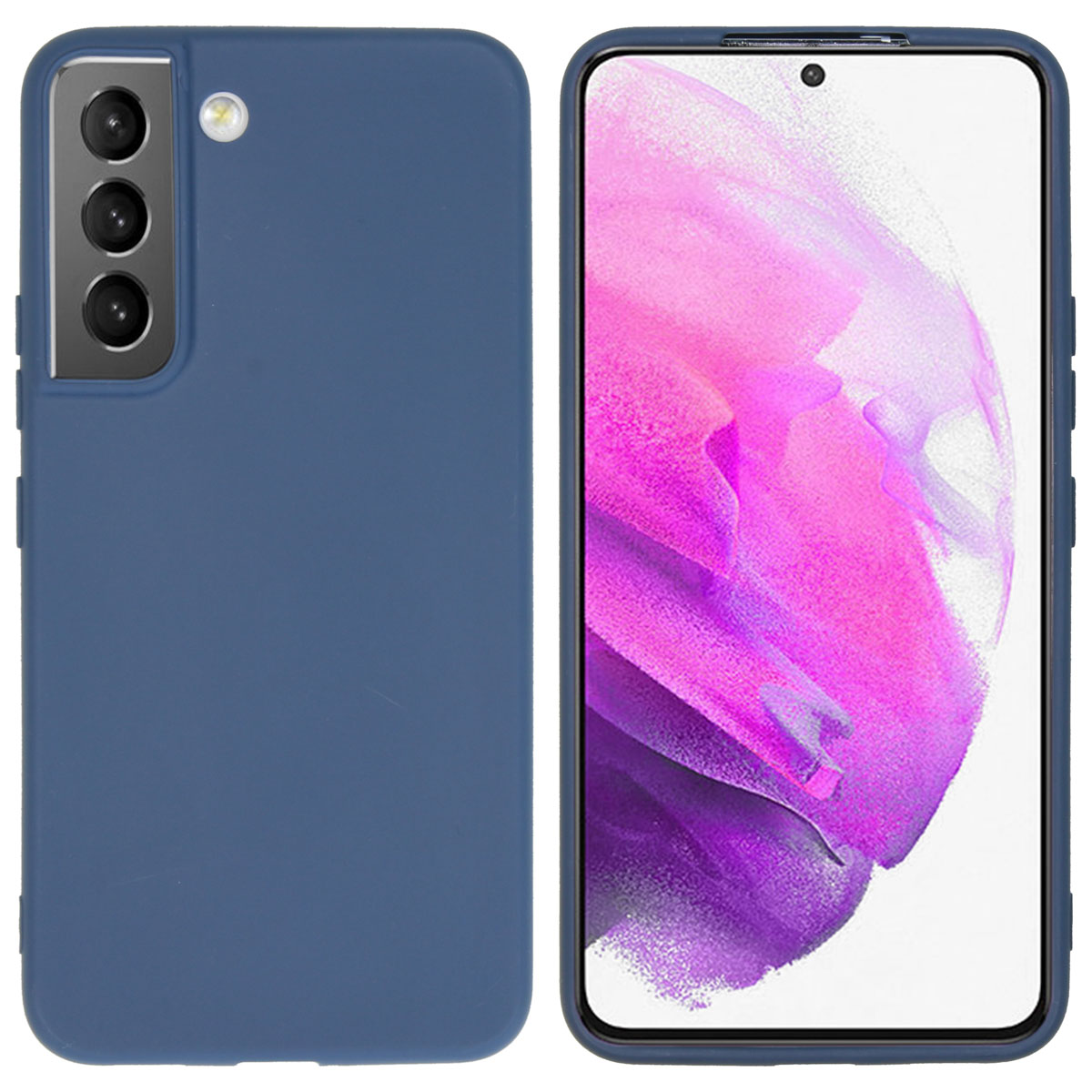 Een blauwe telefoonhoes met een telefoon erin. De telefoon heeft meerdere camera's.