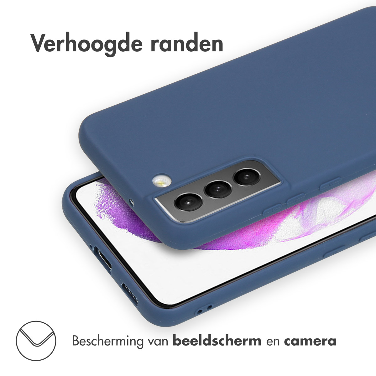 Blauwe telefoonhoes met telefoon en tekst 'Scherm- en camerabescherming'.