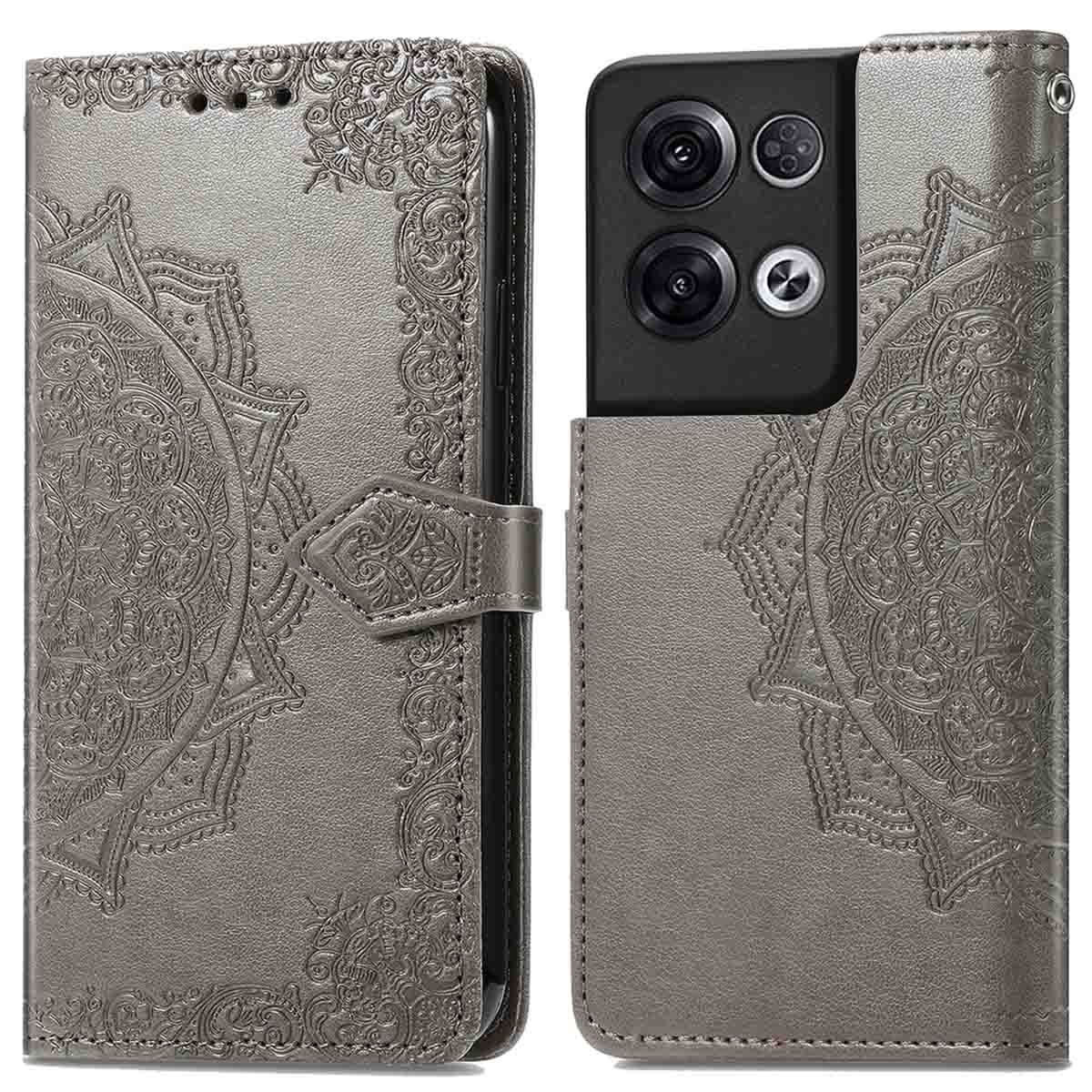 Coque de téléphone grise avec motif mandala, trois caméras et bouton de fermeture.
