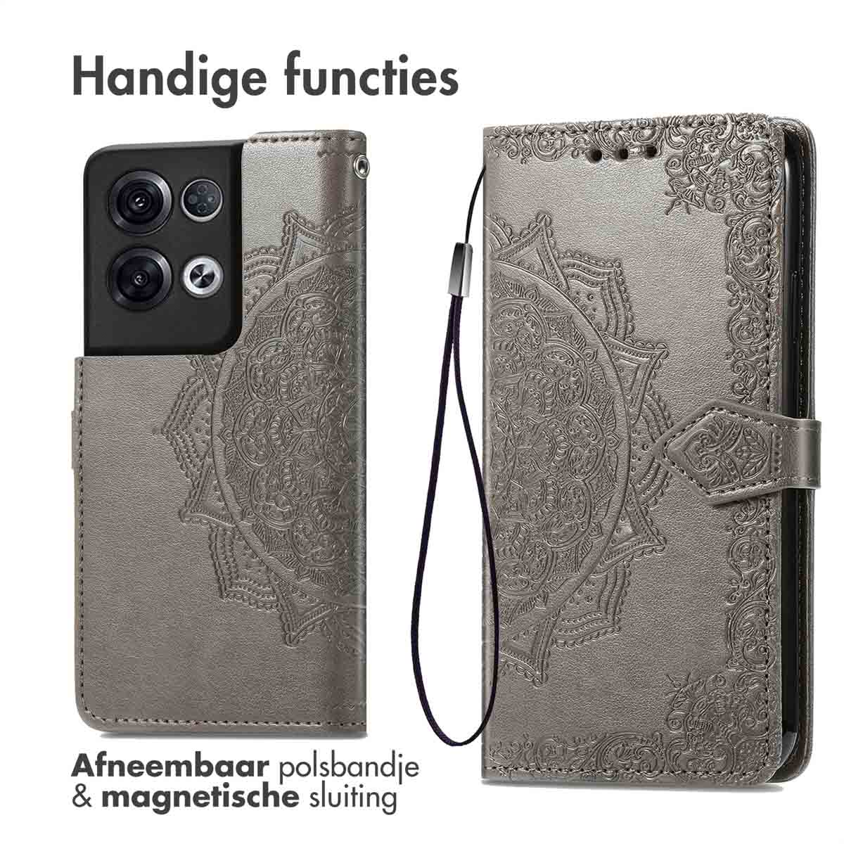 Coque de téléphone grise avec un motif floral, avec une dragonne amovible.