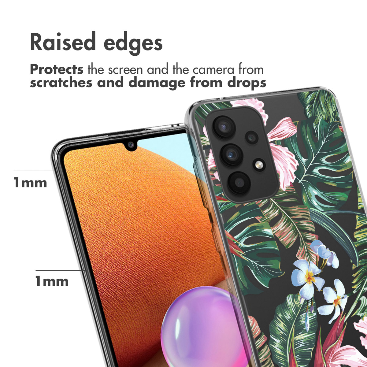 Un téléphone dans une coque transparente avec un motif floral. Montre la protection contre les rayures.