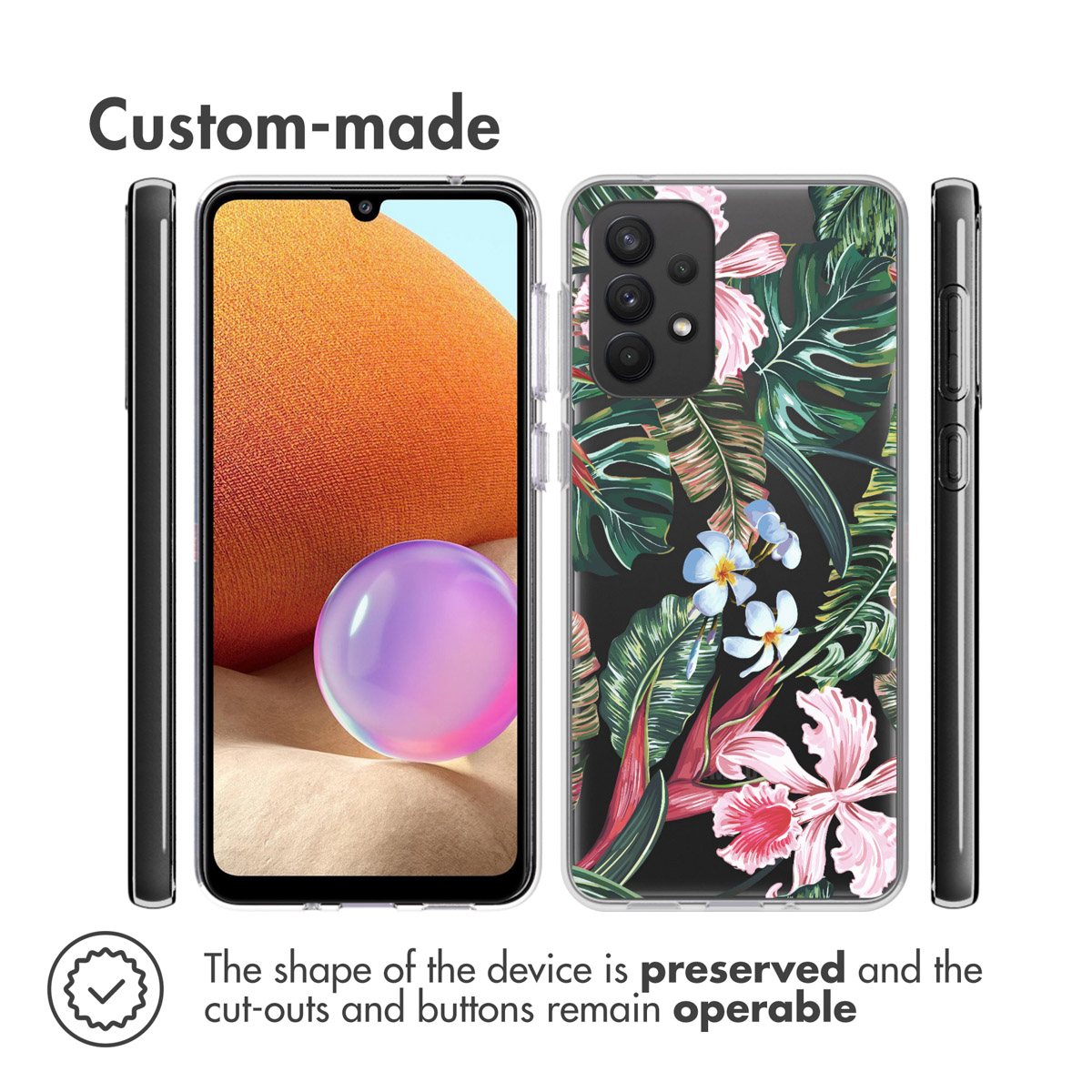 Coque de téléphone à motifs floraux. L'appareil est présenté à l'avant et à l'arrière, avec une coque transparente.
