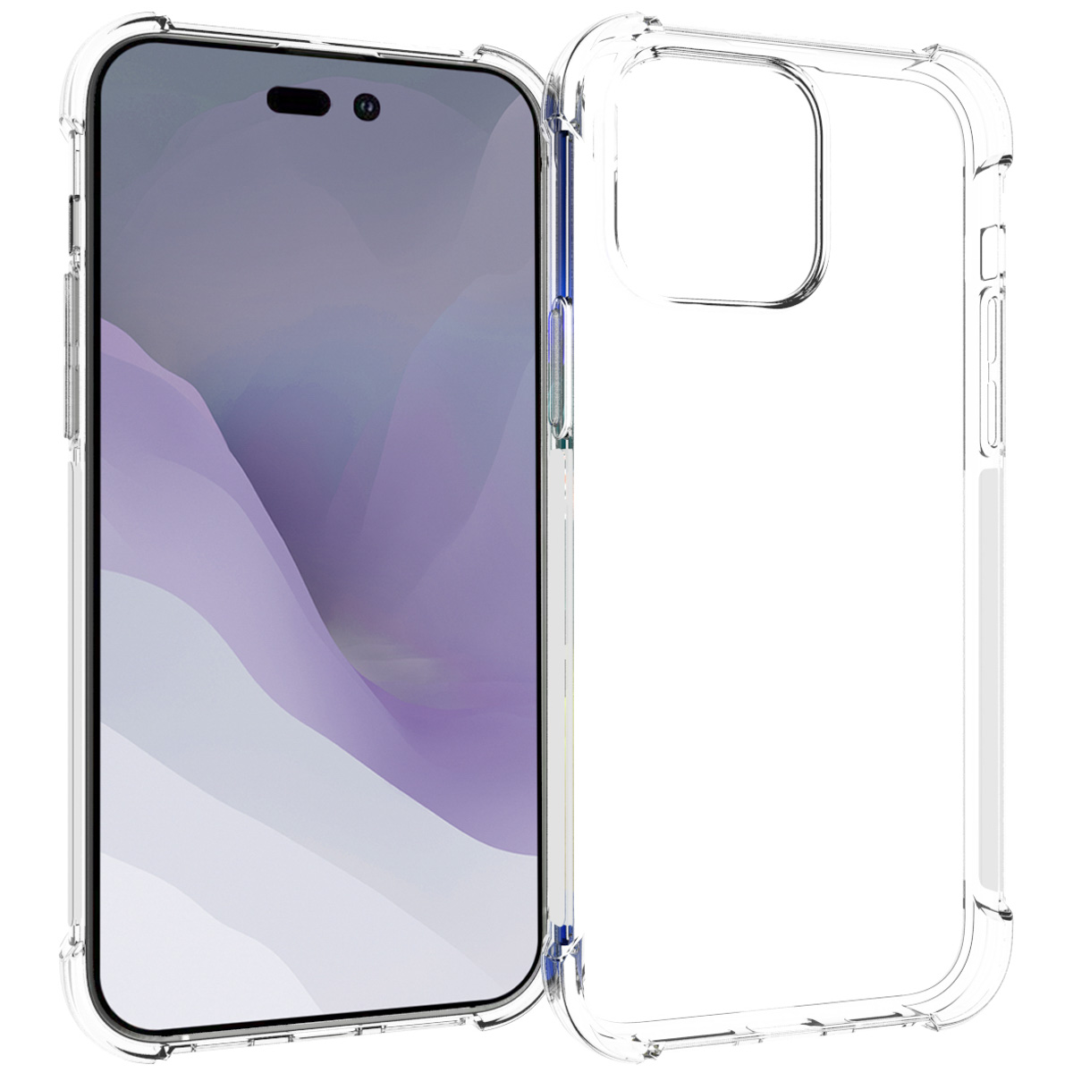 Custodia trasparente. Telefono inserito, mostra schermo bianco e viola.