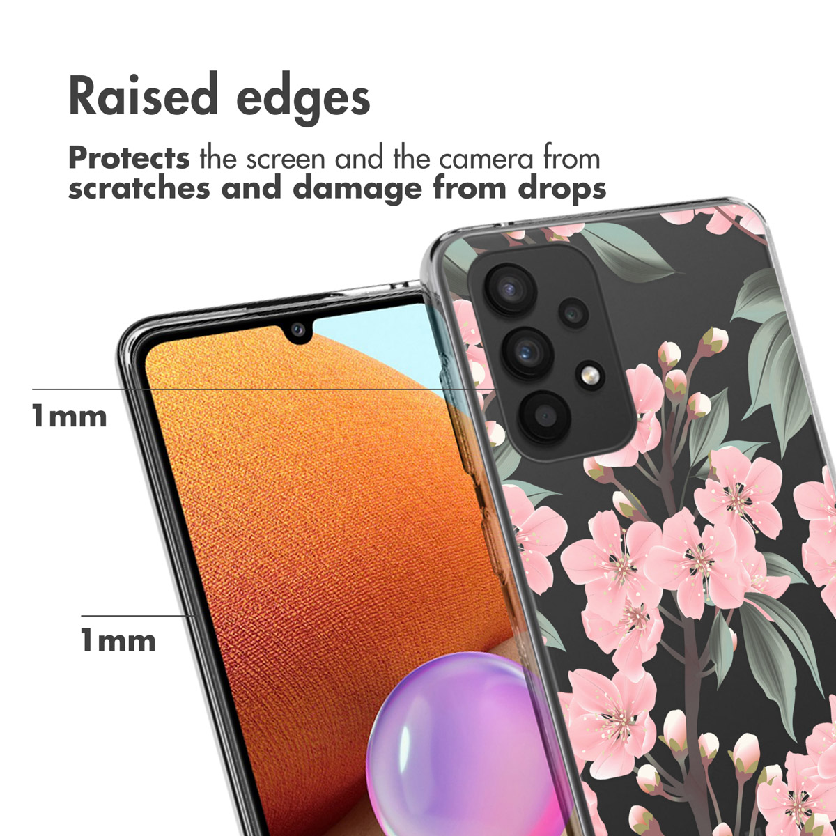 Coque transparente avec motif floral rose. Écran du téléphone visible, avec mesures.