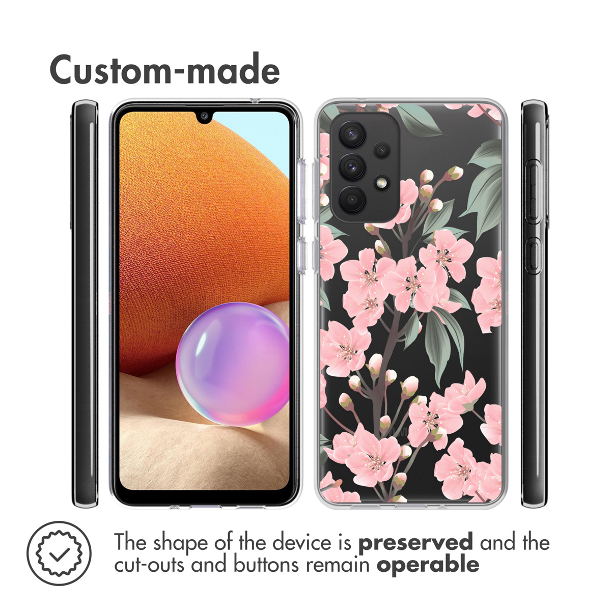 Coque de téléphone montrant un téléphone avec un motif floral, un autre montrant le côté du téléphone.