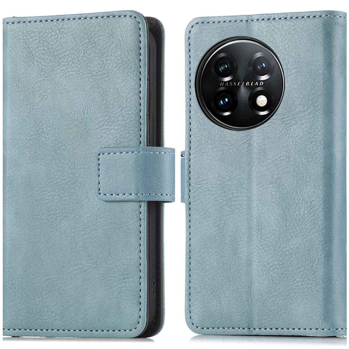 Custodia azzurra, aperta, con fotocamera del telefono visibile.