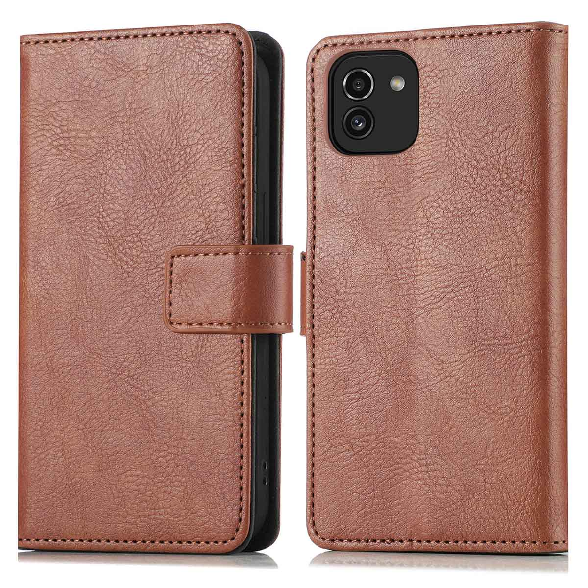 Coque de téléphone marron avec un téléphone à l'intérieur. L'étui a un aspect texturé.