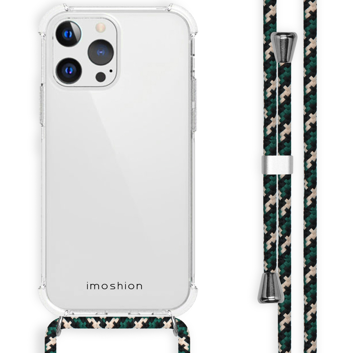 Coque transparente avec téléphone et lanière décorative verte et noire.