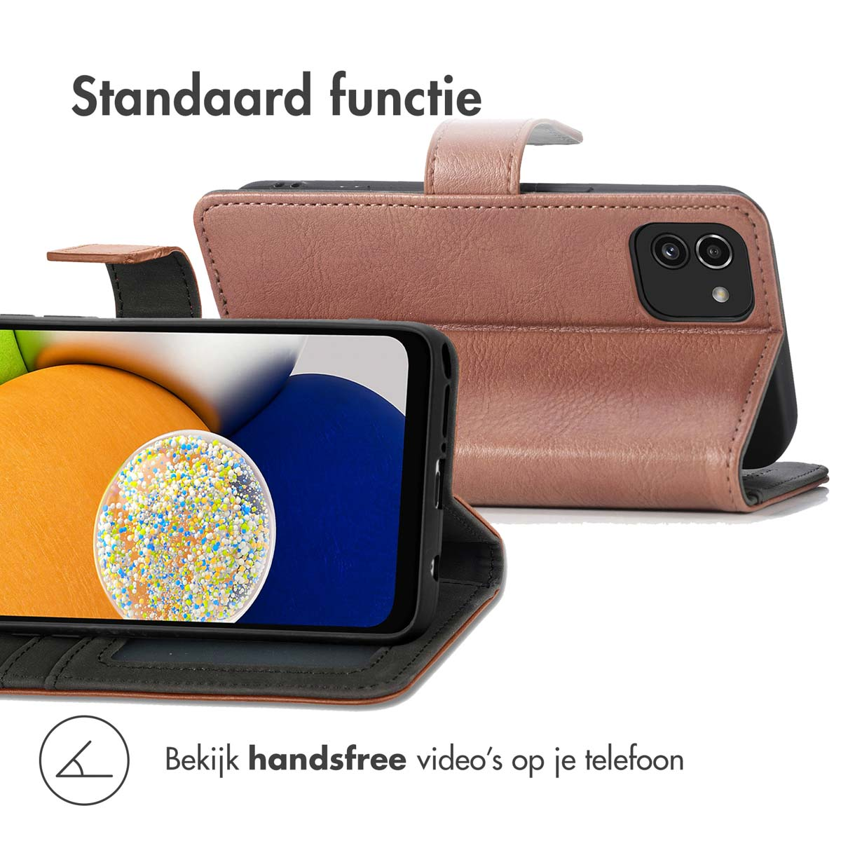 Un téléphone dans un étui en cuir rose, ouvert. L'écran affiche un motif abstrait coloré.