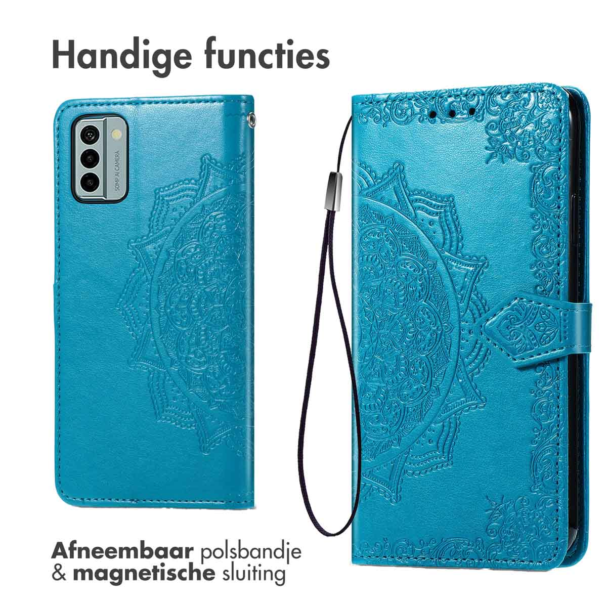Zwei türkisfarbene Handyhüllen mit Mandala-Design, abnehmbarem Handgelenkband und Magnetverschluss.