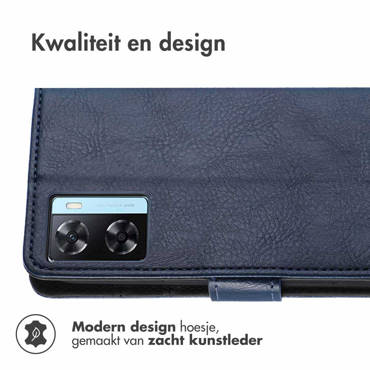 Étui bleu foncé, fermé, avec caméra du téléphone visible.