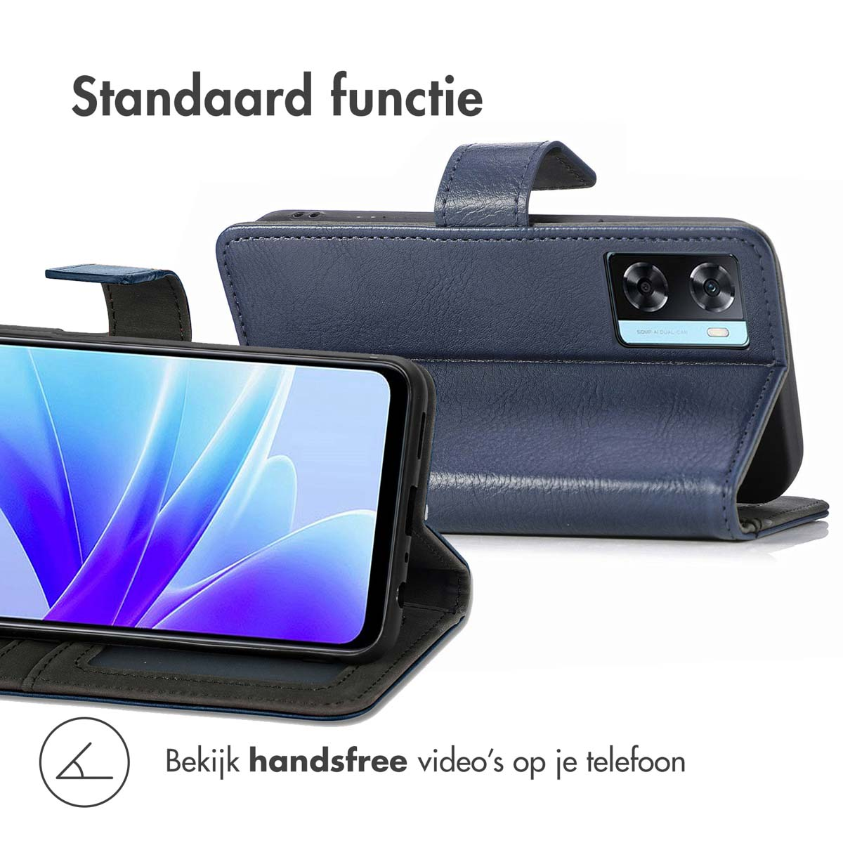 Un étui de téléphone bleu foncé en position ouverte. Affiche un téléphone pour regarder des vidéos mains libres.