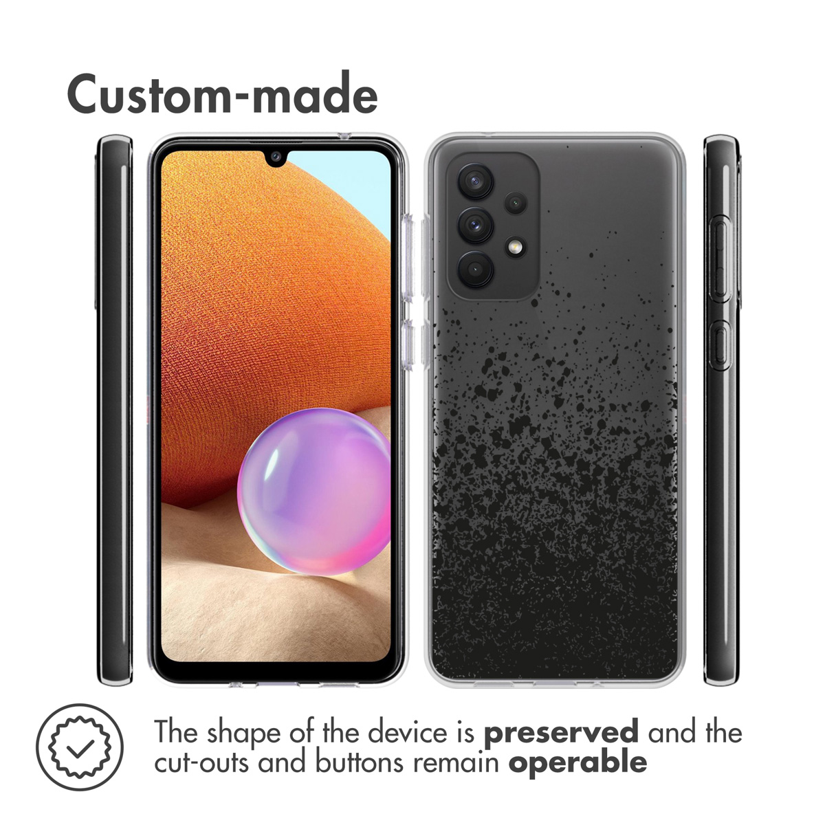 Coque de téléphone sur mesure avec le téléphone à l'intérieur. La forme de la coque est conservée avec des découpes.