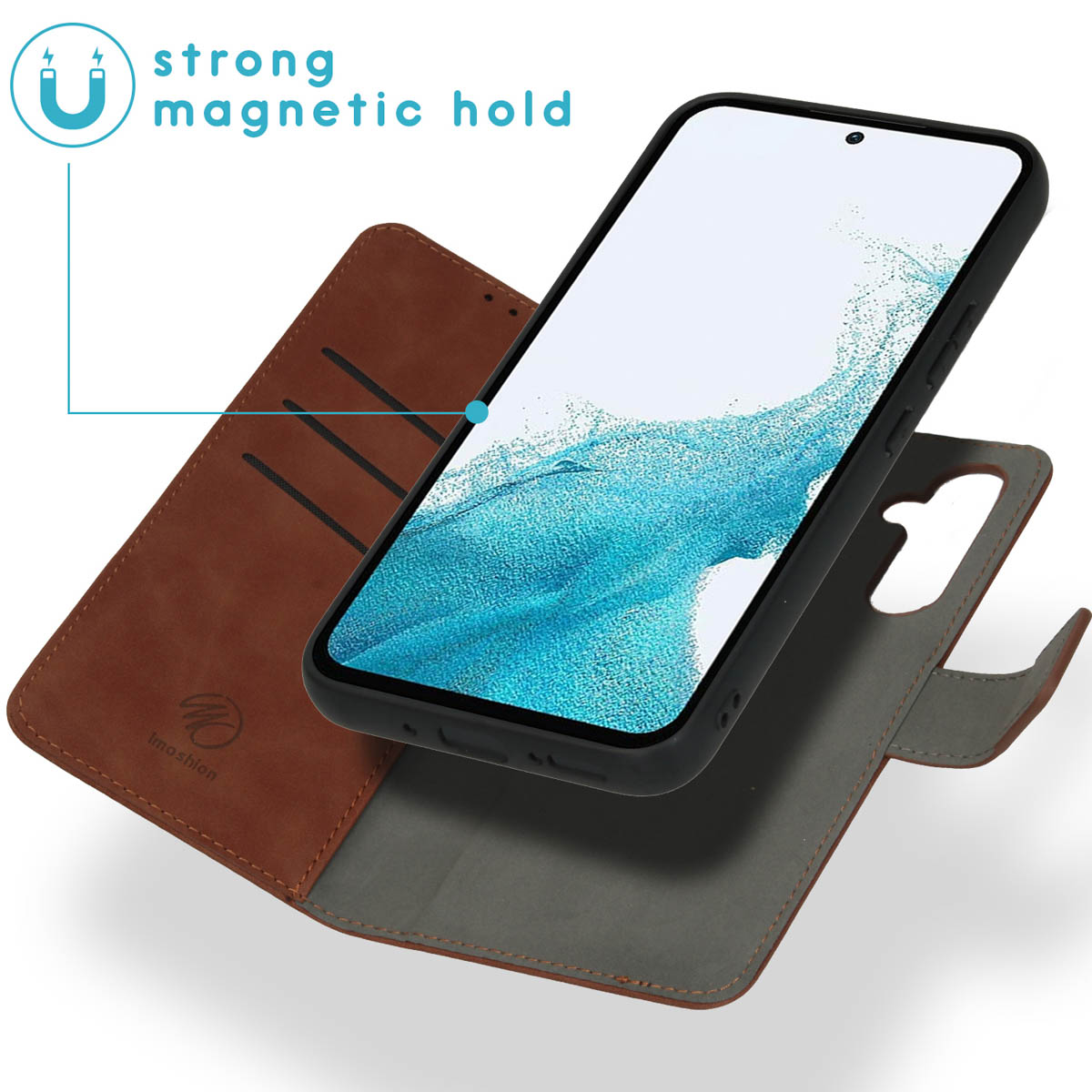 Coque de téléphone marron, téléphone en vue. Forte fixation magnétique.
