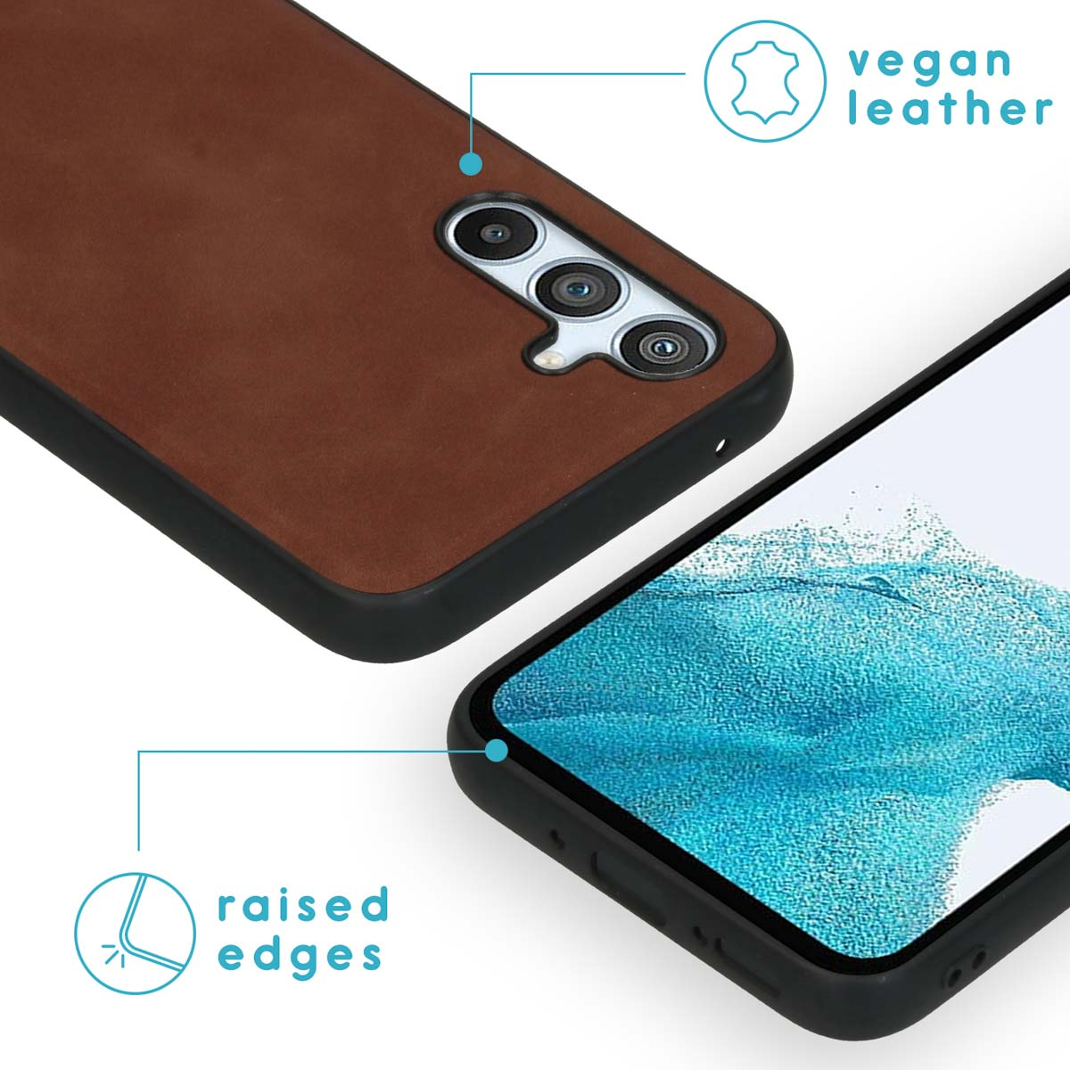 Coque de téléphone en cuir marron avec téléphone, montrant des bords surélevés et cuir végétalien.
