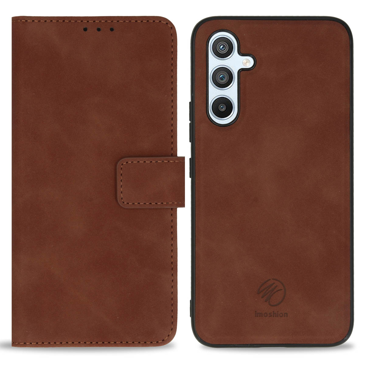 Étui en cuir marron ouvert, avec téléphone et logo.