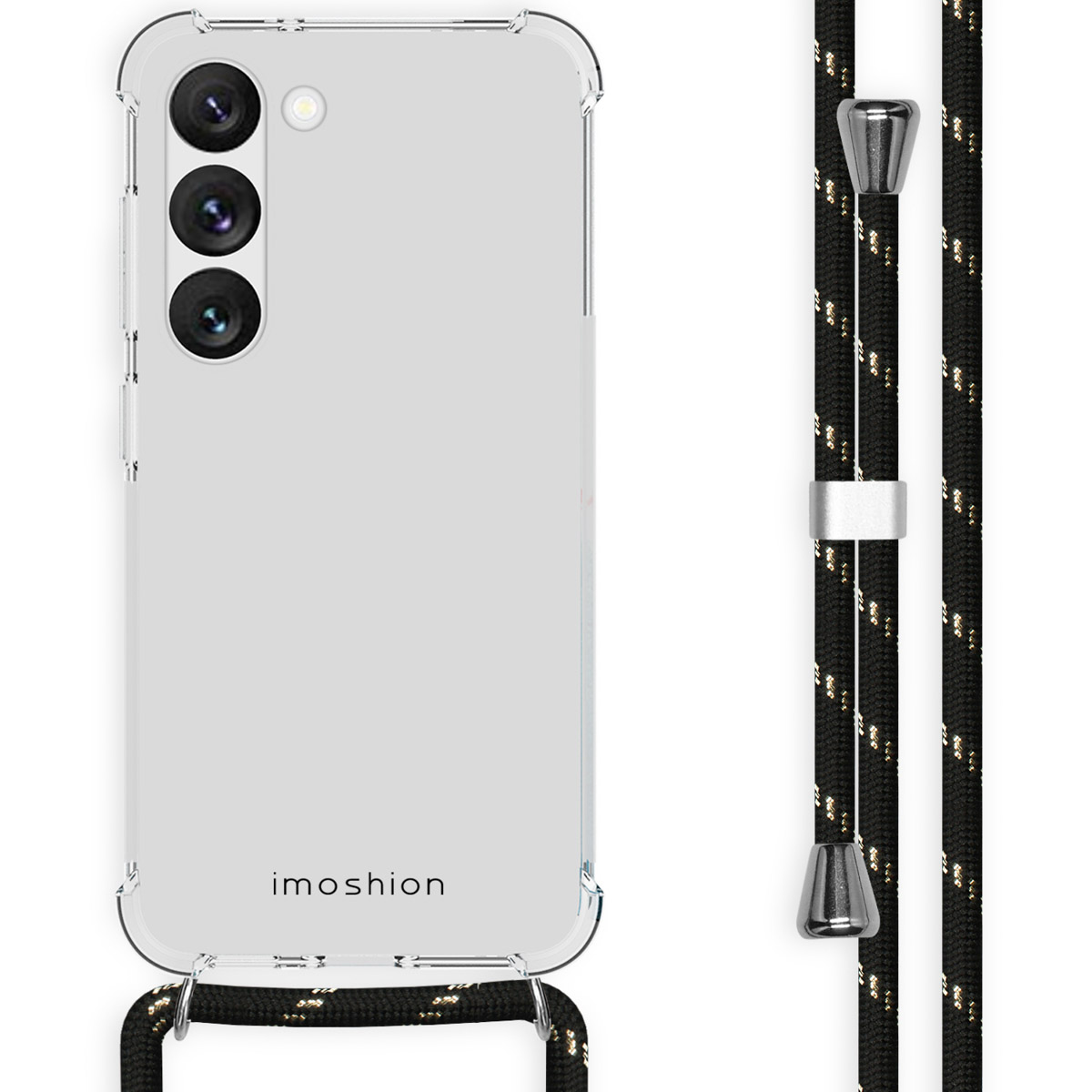 Transparante telefoonhoes met een zwart en gouden koord bevestigd. De telefoon heeft drie camera's.
