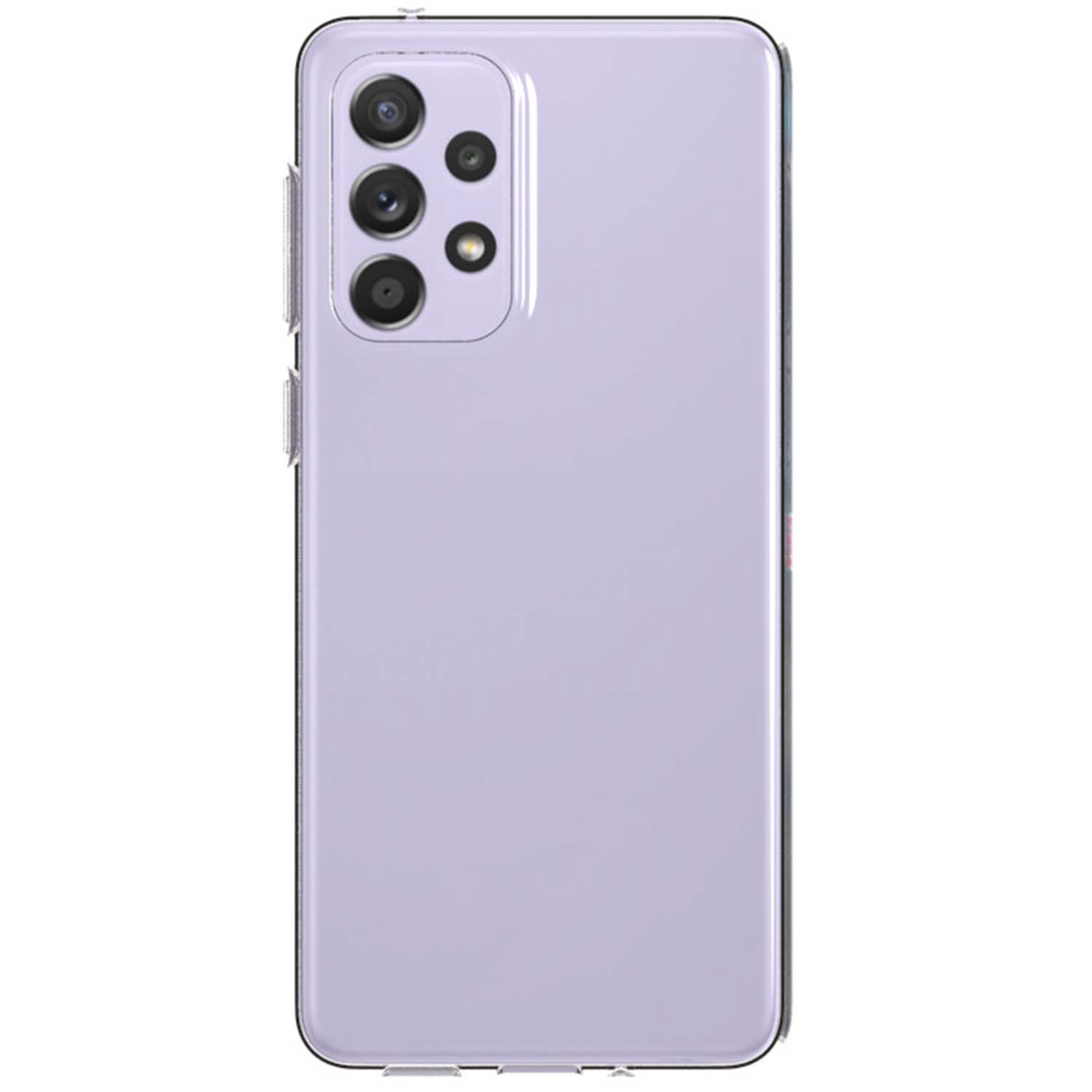 Retro di telefono viola con più lenti della fotocamera. Pulsanti laterali visibili. Sfondo bianco.