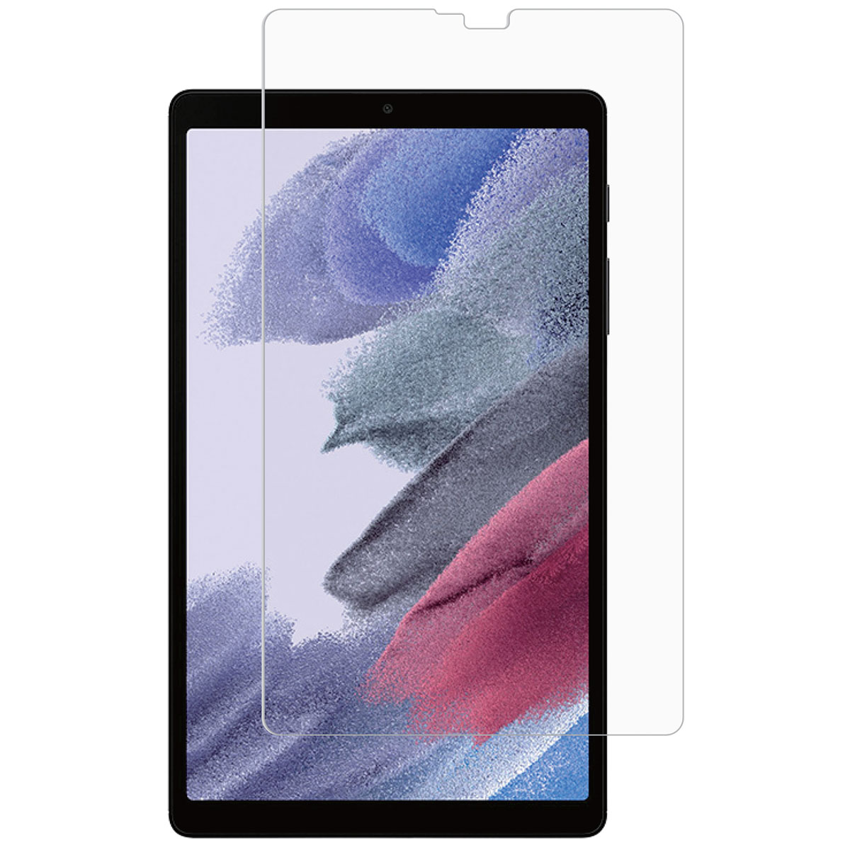 A tablet with a screen protector applied.